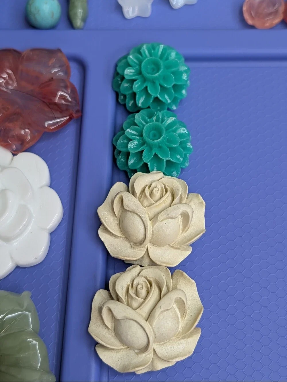 Vintage Carved Gemstone & Resin Flower Beads 37 Piece Bead Lot Opalite Quartz